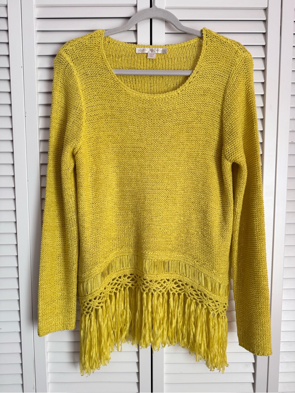 Boston Proper Open Knit Fringe Bottom Boxy Pullover Sweater Yellow Medium